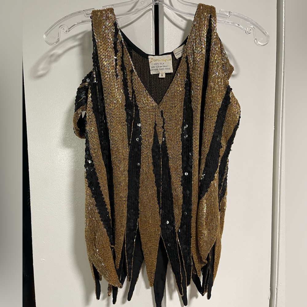 Vintage Dominique Gold and Black Beaded & Sequined Silk Cocktail Top